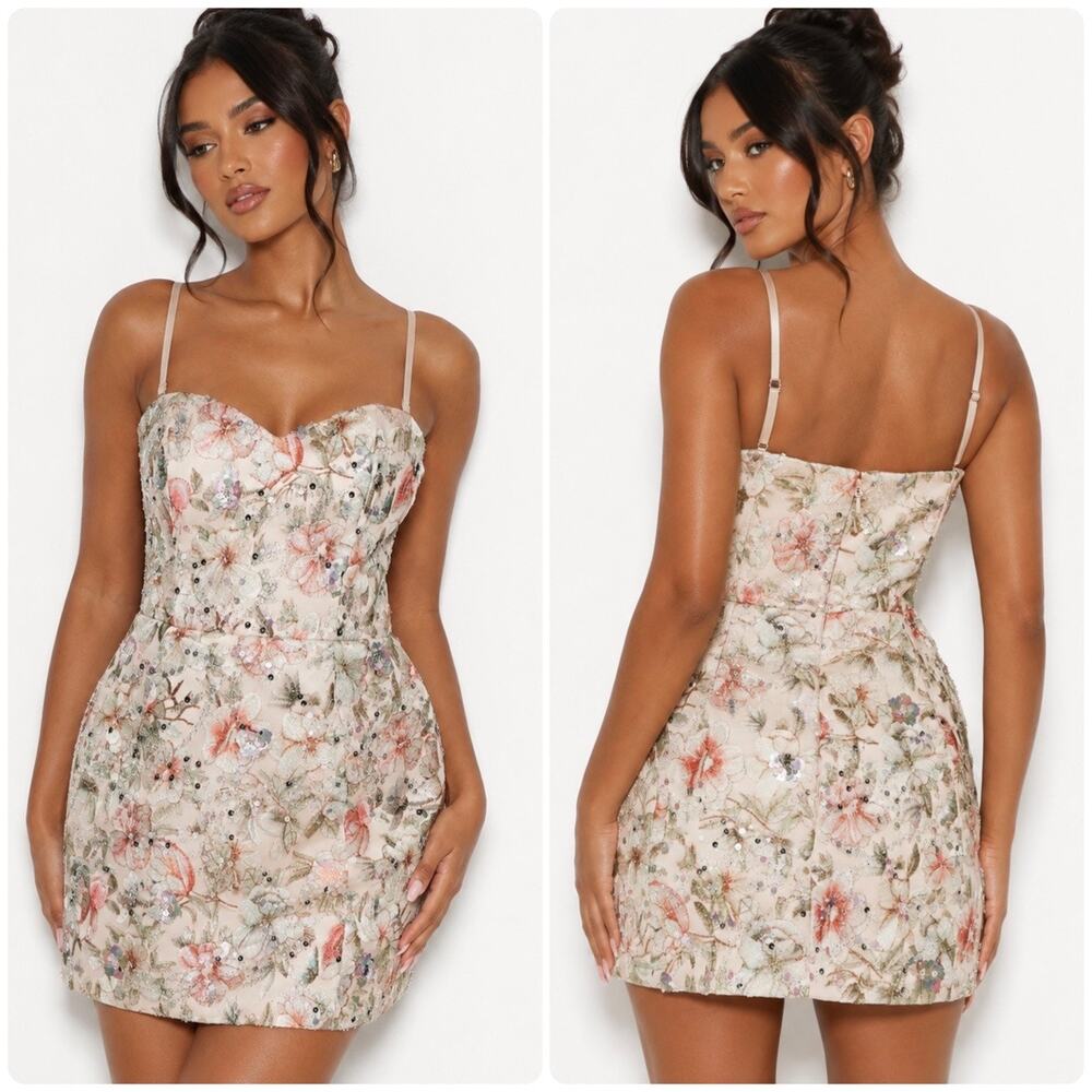 Oh Polly floral embroidered mini dress in beige size 4 New